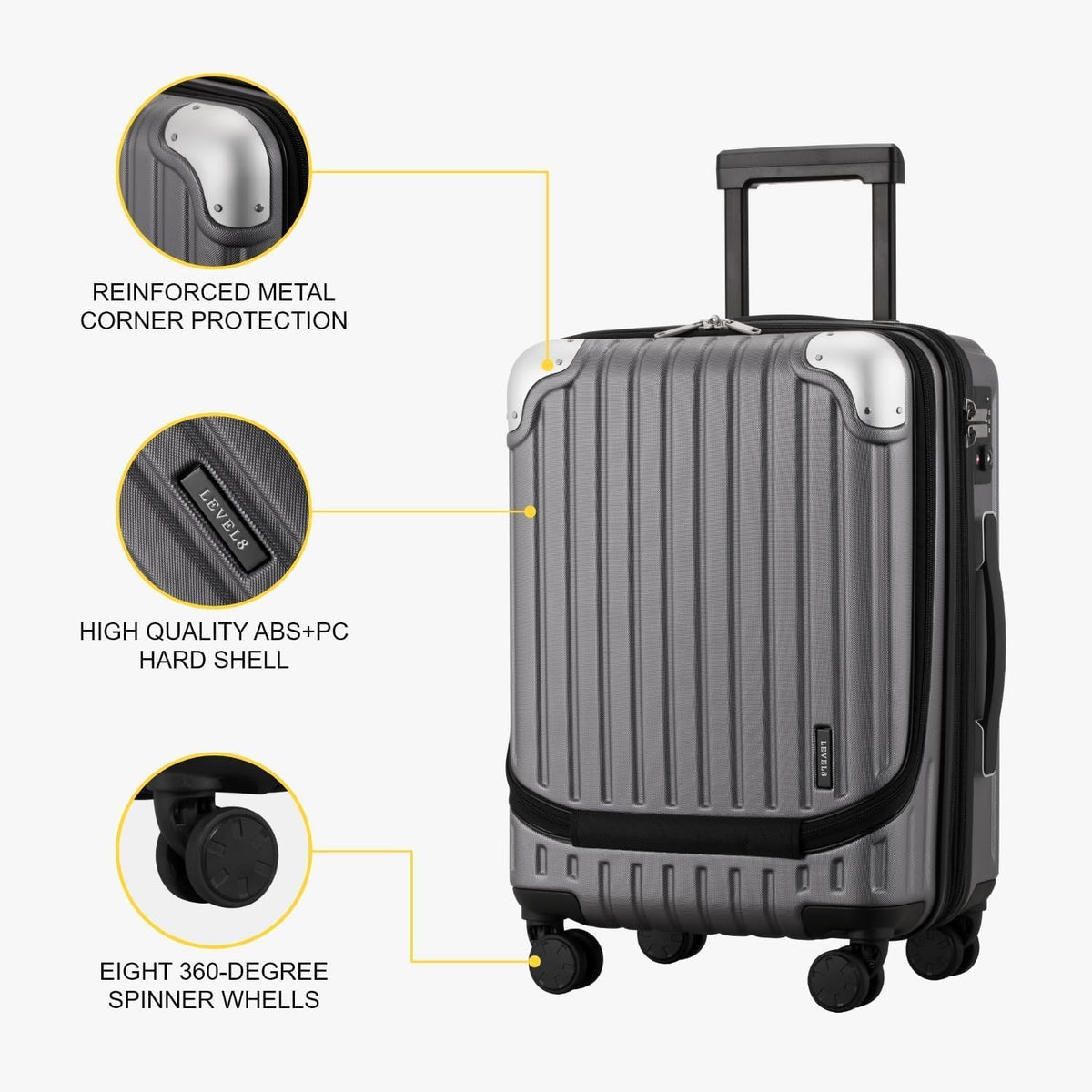 Grace Hard Shell Carry on Luggage with Front Compartment, 20 Inch Expandable Suitcases with Wheels, Lightweight Carry-on Suitcase for Airplane, Tsa Lock, Black