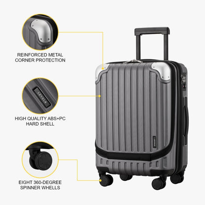 Grace Hard Shell Carry on Luggage with Front Compartment, 20 Inch Expandable Suitcases with Wheels, Lightweight Carry-on Suitcase for Airplane, Tsa Lock, Black