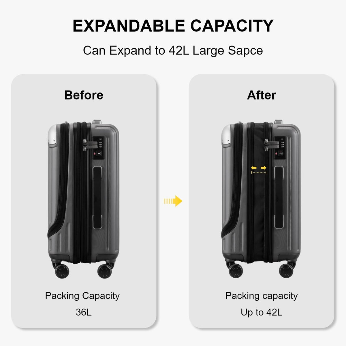 Grace Hard Shell Carry on Luggage with Front Compartment, 20 Inch Expandable Suitcases with Wheels, Lightweight Carry-on Suitcase for Airplane, Tsa Lock, Black