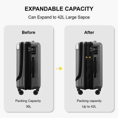 Grace Hard Shell Carry on Luggage with Front Compartment, 20 Inch Expandable Suitcases with Wheels, Lightweight Carry-on Suitcase for Airplane, Tsa Lock, Black