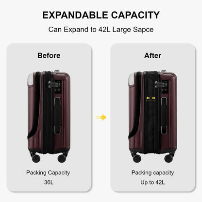 Grace Hard Shell Carry on Luggage with Front Compartment, 20 Inch Expandable Suitcases with Wheels, Lightweight Carry-on Suitcase for Airplane, Tsa Lock, Black