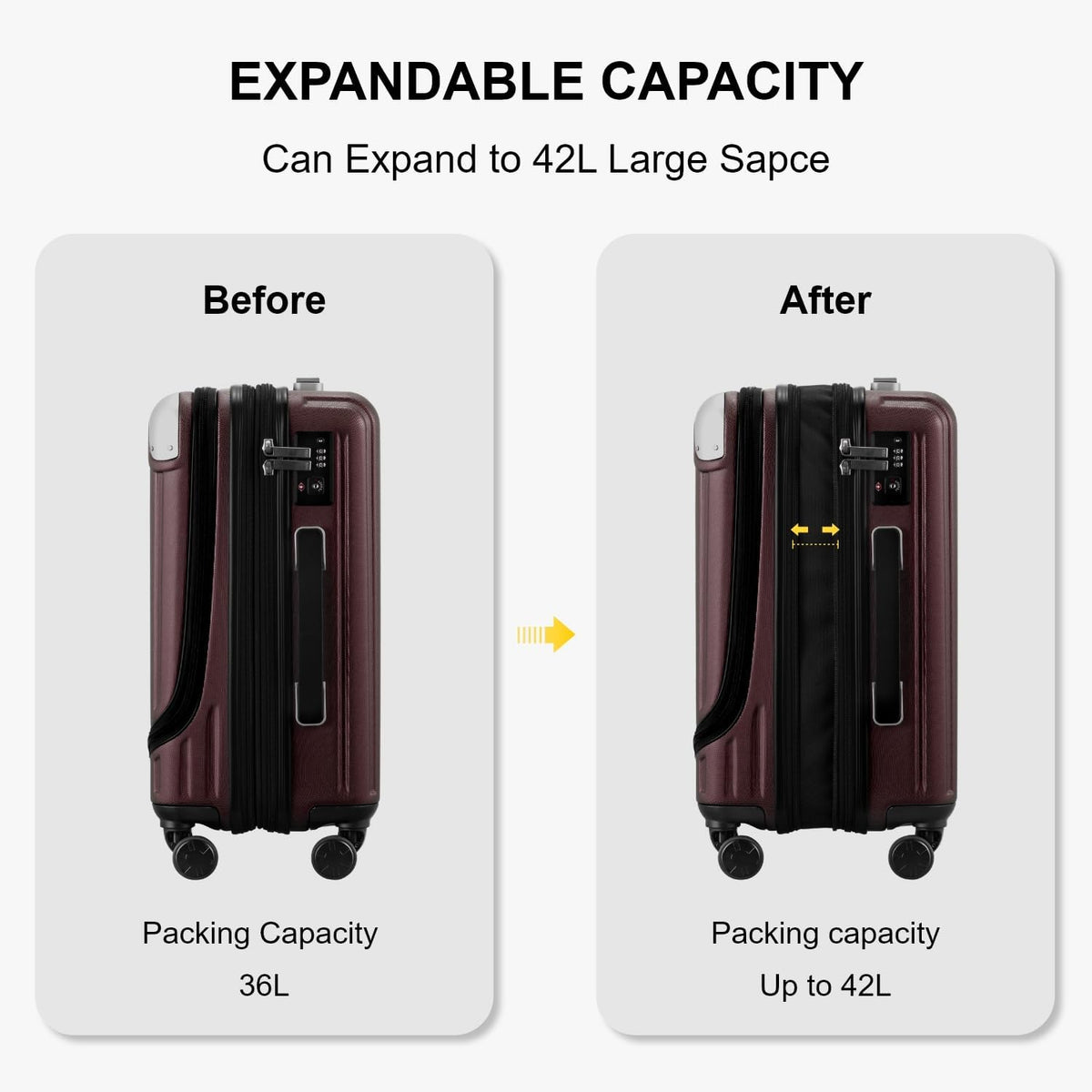 Grace Hard Shell Carry on Luggage with Front Compartment, 20 Inch Expandable Suitcases with Wheels, Lightweight Carry-on Suitcase for Airplane, Tsa Lock, Black