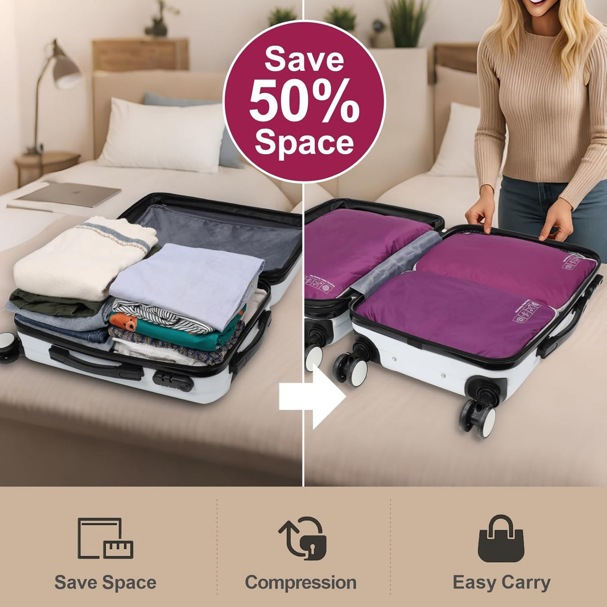 Compression Packing Cubes for Travel Women - Lightweight Luggage Organizers Bag Packing Cubes for Carry on Suitcases
