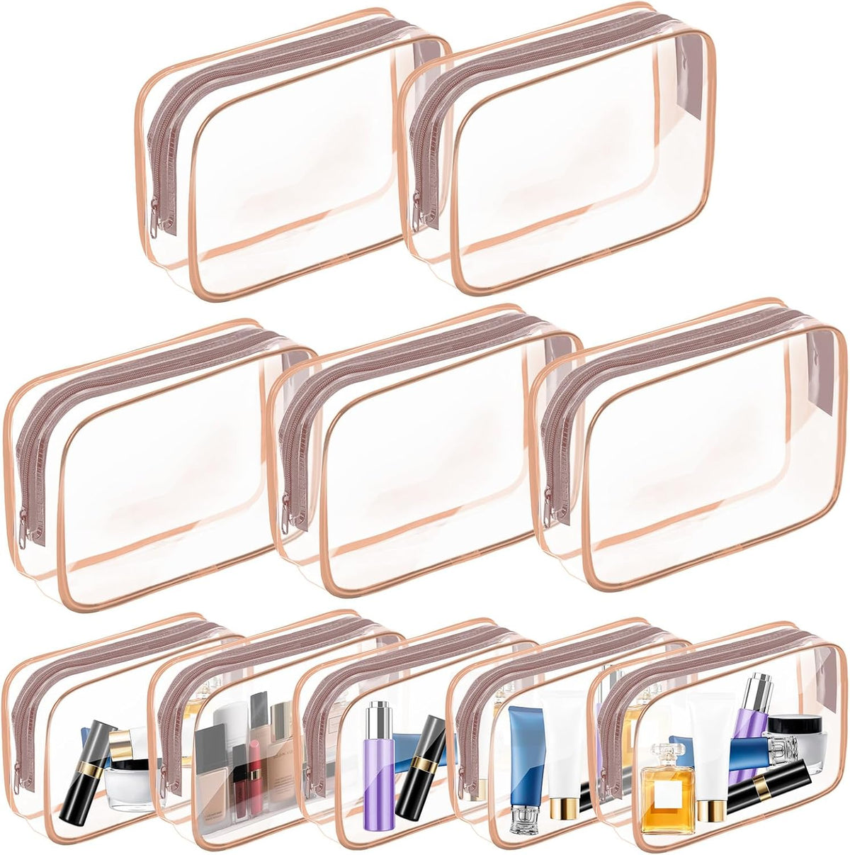10 Pack Travel Toiletry Bag, Clear Makeup Bag, TSA Approved Cosmetic Bag with Zipper, Clear Organizer Carry on Bag for Women, PVC Cosmetic Pouch for Airport Airline Compliant (Rose Pink, 10 Packs)