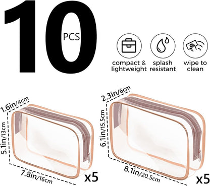 10 Pack Travel Toiletry Bag, Clear Makeup Bag, TSA Approved Cosmetic Bag with Zipper, Clear Organizer Carry on Bag for Women, PVC Cosmetic Pouch for Airport Airline Compliant (Rose Pink, 10 Packs)