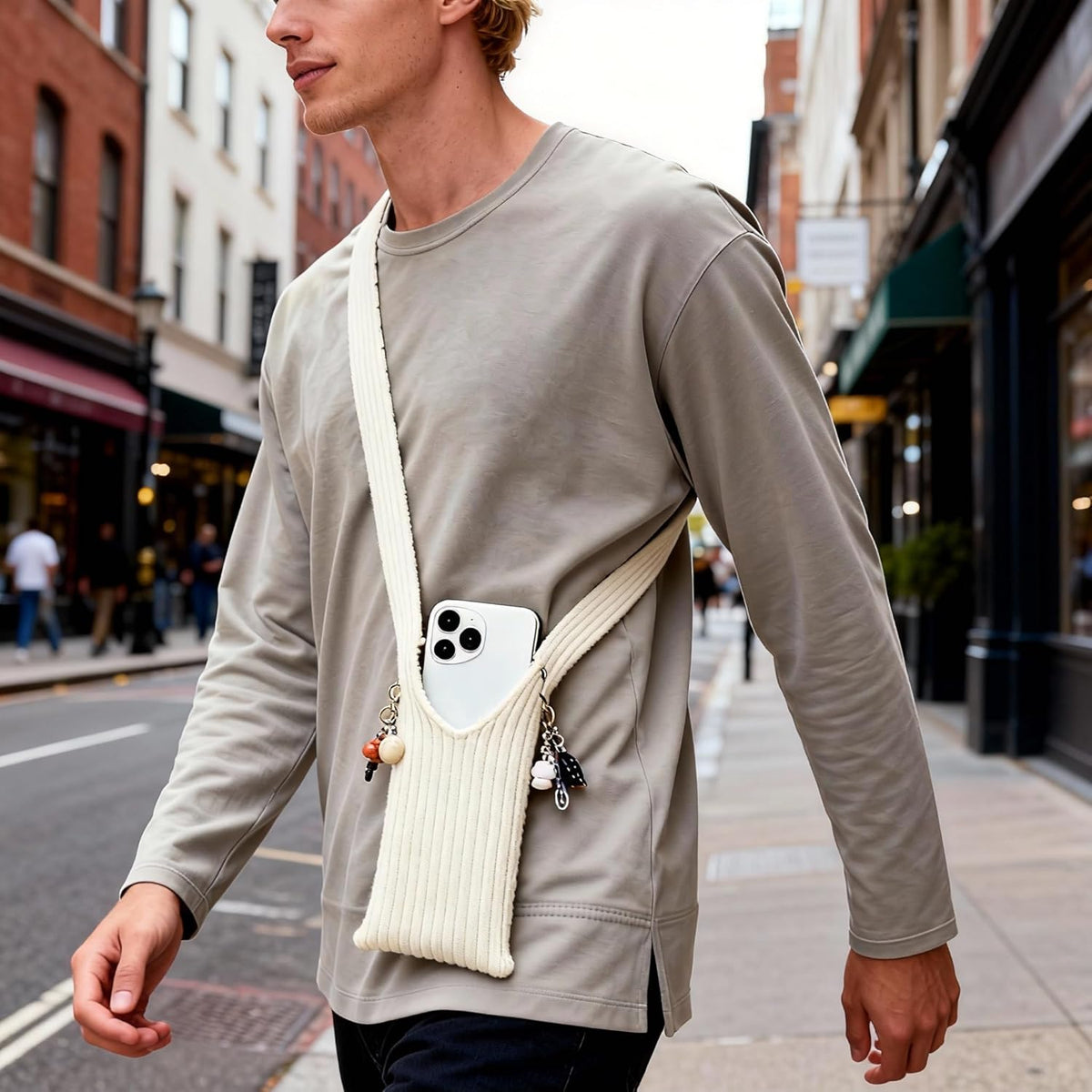3D Knitted Phone Pocket,Premium Crossbody Purse Bag,Phone Pouch Sleeves Carring Styles-Short-White