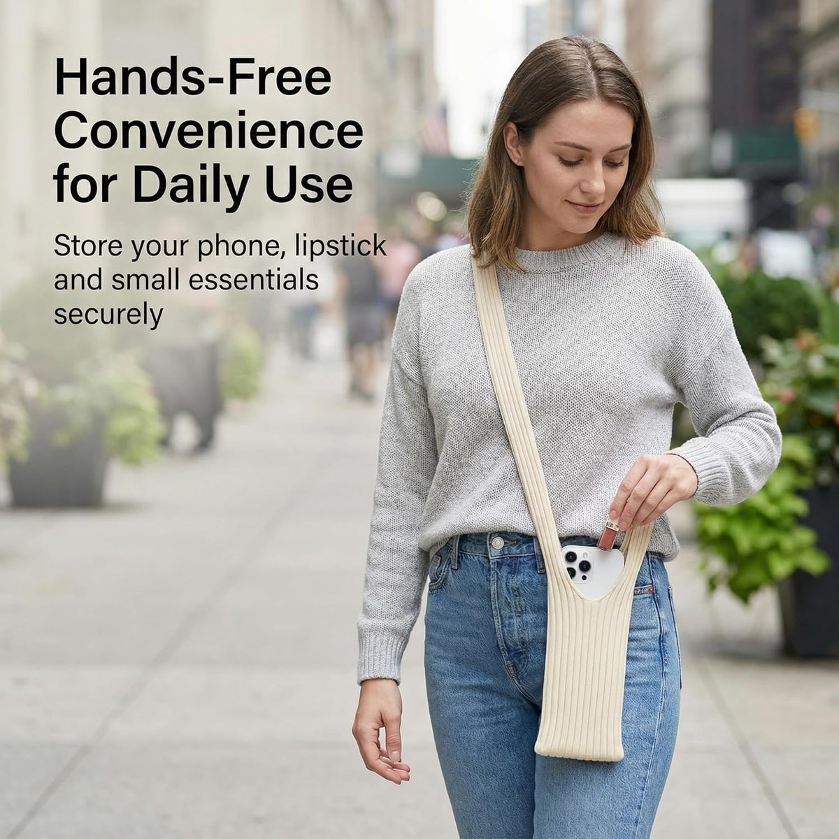 3D Knitted Phone Pocket,Premium Crossbody Purse Bag,Phone Pouch Sleeves Carring Styles-Short-White