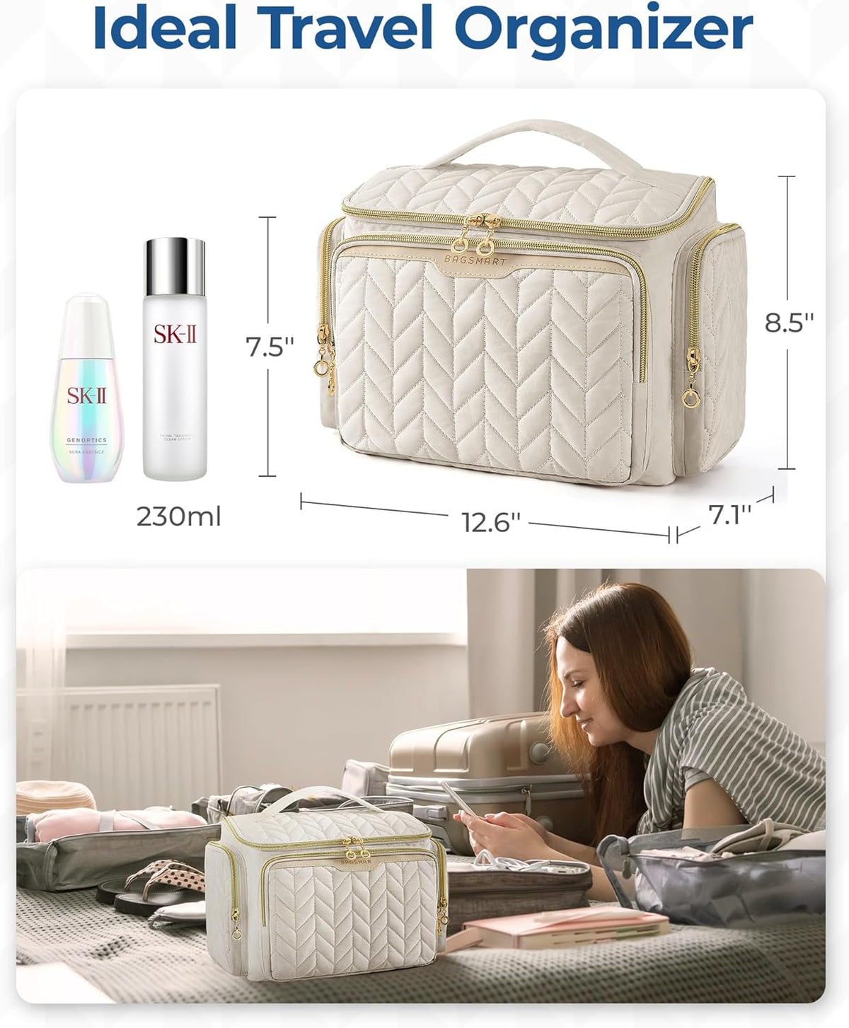 Travel Toiletry Bag, Large Wide-open Travel Bag for Toiletries, Makeup Cosmetic Travel Bag with Handle-Black