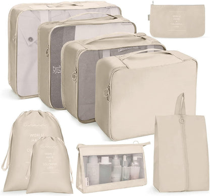 9 Set Packing Cubes for Suitcases, Cream Travel Luggage Organizer Bags Essentials with Shoe Cosmetics Toiletry and Laundry Pouches for Women Men