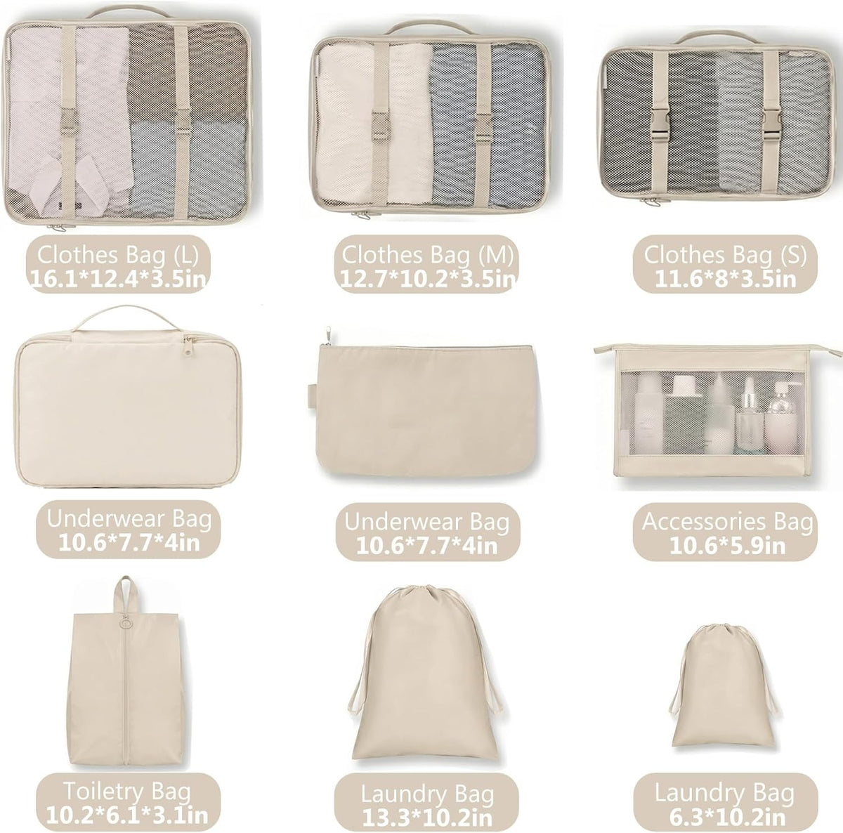 9 Set Packing Cubes for Suitcases, Cream Travel Luggage Organizer Bags Essentials with Shoe Cosmetics Toiletry and Laundry Pouches for Women Men