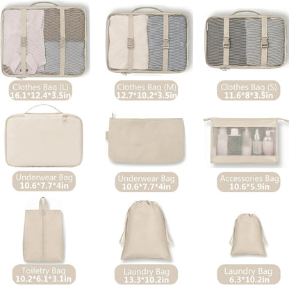 9 Set Packing Cubes for Suitcases, Cream Travel Luggage Organizer Bags Essentials with Shoe Cosmetics Toiletry and Laundry Pouches for Women Men