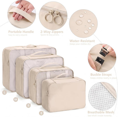 9 Set Packing Cubes for Suitcases, Cream Travel Luggage Organizer Bags Essentials with Shoe Cosmetics Toiletry and Laundry Pouches for Women Men
