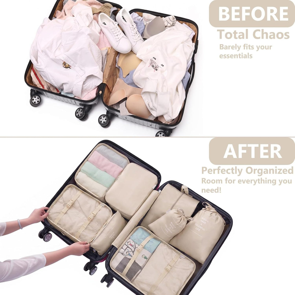 9 Set Packing Cubes for Suitcases, Cream Travel Luggage Organizer Bags Essentials with Shoe Cosmetics Toiletry and Laundry Pouches for Women Men