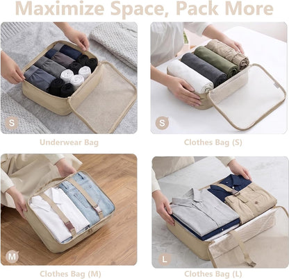 9 Set Packing Cubes for Suitcases, Cream Travel Luggage Organizer Bags Essentials with Shoe Cosmetics Toiletry and Laundry Pouches for Women Men