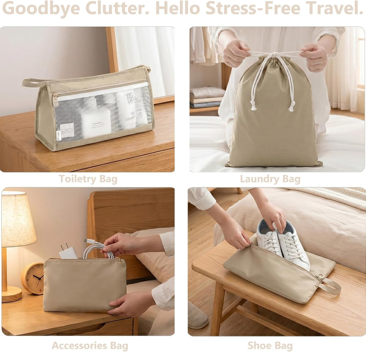 9 Set Packing Cubes for Suitcases, Cream Travel Luggage Organizer Bags Essentials with Shoe Cosmetics Toiletry and Laundry Pouches for Women Men