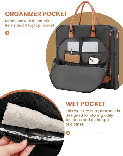 Premium Garment Bag for Travel with Wet-Dry Compartment, Adjustable Shoulder Strap, and Luggage Attachment – Fits Suits, Dresses & Essentials