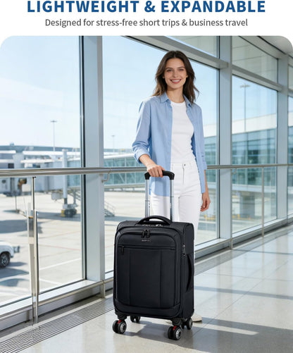 Carry On Luggage Airline Approved, 21 Inch Height Softside Carry On Suitcase with Spring Shock-Absorbing Spinner Wheels, Lightweight Travel Luggage with TSA Lock, Fits 22x14x9 Carry-On Bag