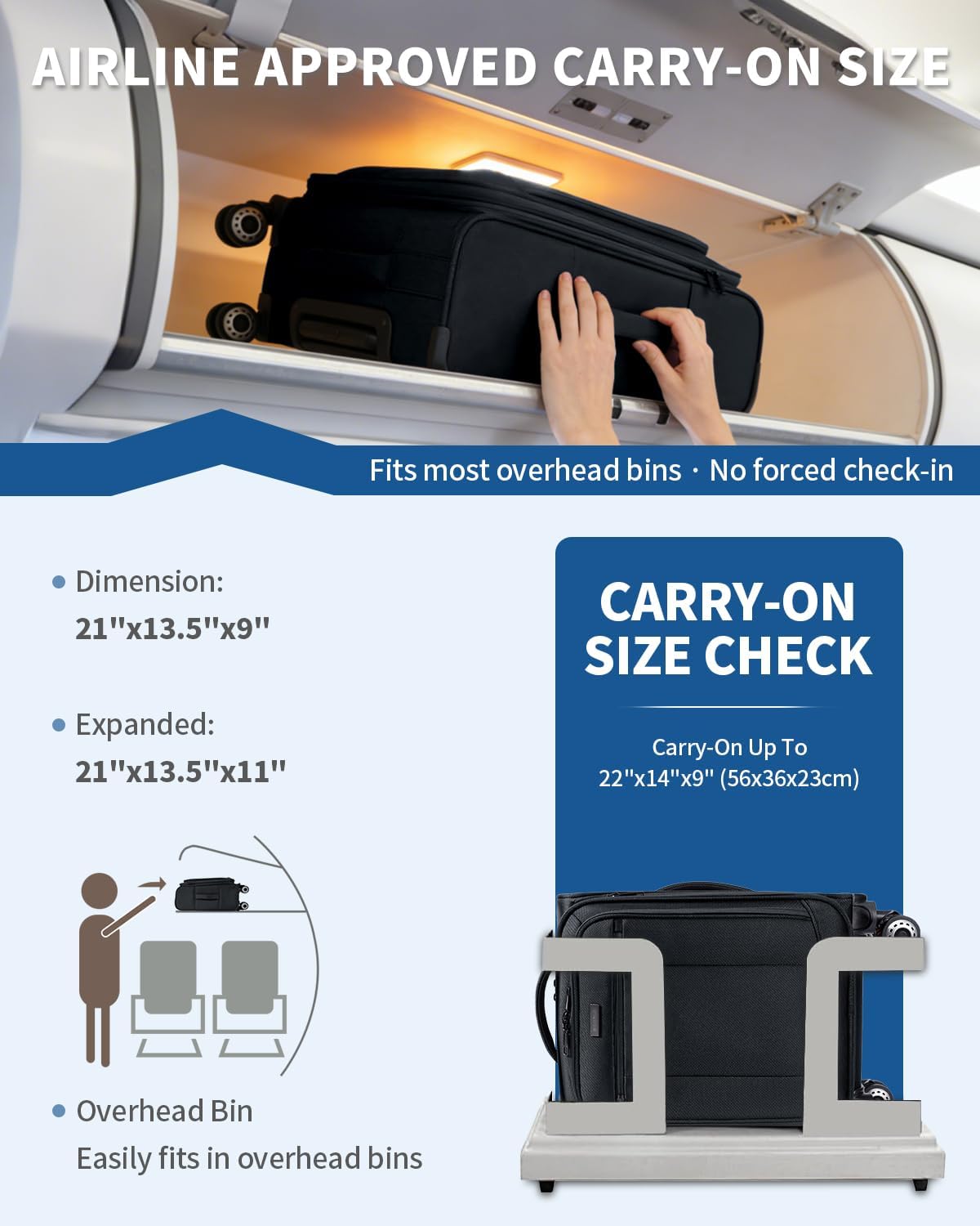 Carry On Luggage Airline Approved, 21 Inch Height Softside Carry On Suitcase with Spring Shock-Absorbing Spinner Wheels, Lightweight Travel Luggage with TSA Lock, Fits 22x14x9 Carry-On Bag