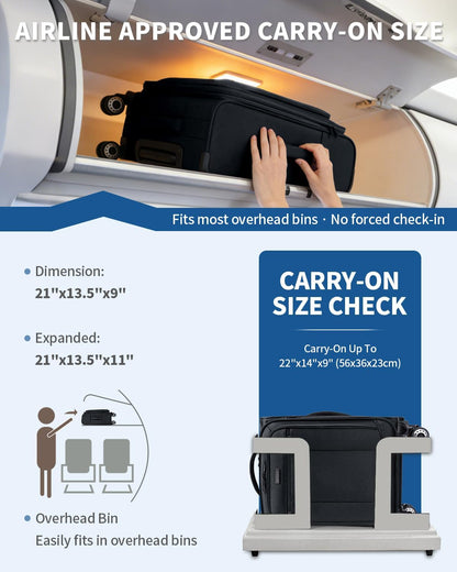 Carry On Luggage Airline Approved, 21 Inch Height Softside Carry On Suitcase with Spring Shock-Absorbing Spinner Wheels, Lightweight Travel Luggage with TSA Lock, Fits 22x14x9 Carry-On Bag
