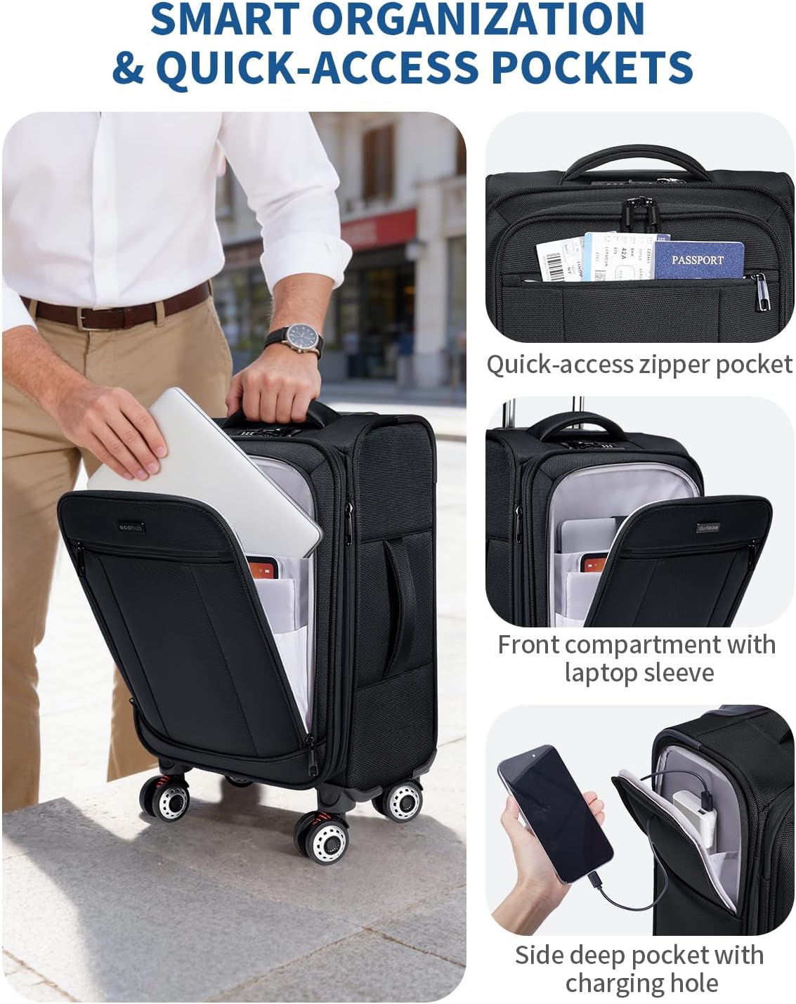 Carry On Luggage Airline Approved, 21 Inch Height Softside Carry On Suitcase with Spring Shock-Absorbing Spinner Wheels, Lightweight Travel Luggage with TSA Lock, Fits 22x14x9 Carry-On Bag