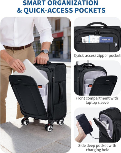 Carry On Luggage Airline Approved, 21 Inch Height Softside Carry On Suitcase with Spring Shock-Absorbing Spinner Wheels, Lightweight Travel Luggage with TSA Lock, Fits 22x14x9 Carry-On Bag
