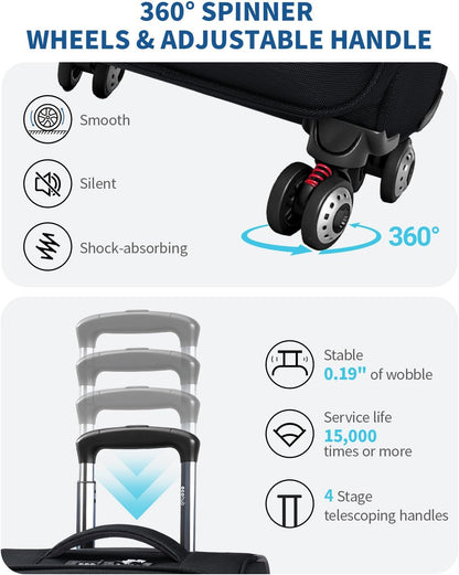 Carry On Luggage Airline Approved, 21 Inch Height Softside Carry On Suitcase with Spring Shock-Absorbing Spinner Wheels, Lightweight Travel Luggage with TSA Lock, Fits 22x14x9 Carry-On Bag