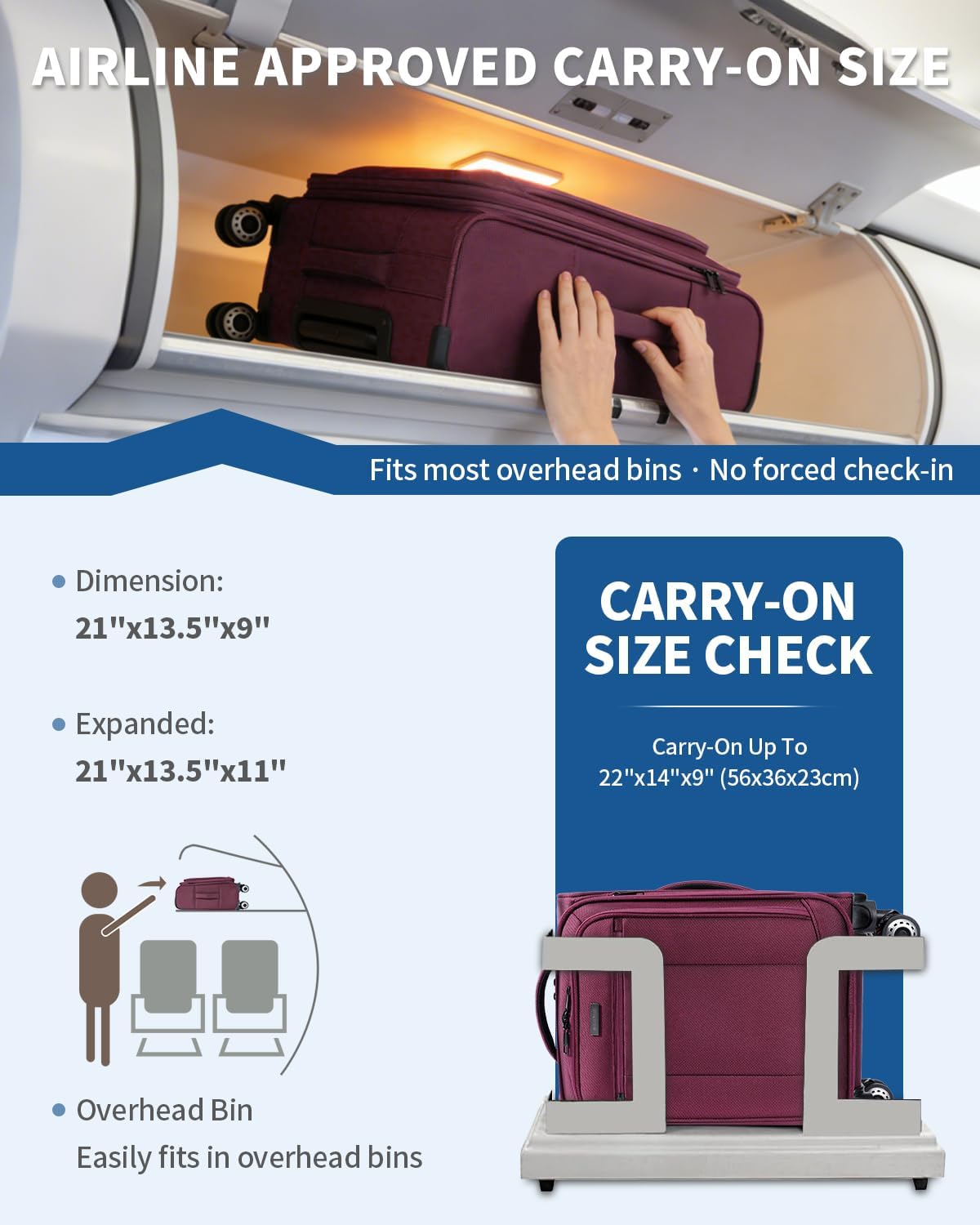 Carry On Luggage Airline Approved, 21 Inch Height Softside Carry On Suitcase with Spring Shock-Absorbing Spinner Wheels, Lightweight Travel Luggage with TSA Lock, Fits 22x14x9 Carry-On Bag
