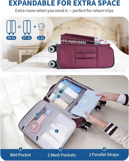 Carry On Luggage Airline Approved, 21 Inch Height Softside Carry On Suitcase with Spring Shock-Absorbing Spinner Wheels, Lightweight Travel Luggage with TSA Lock, Fits 22x14x9 Carry-On Bag