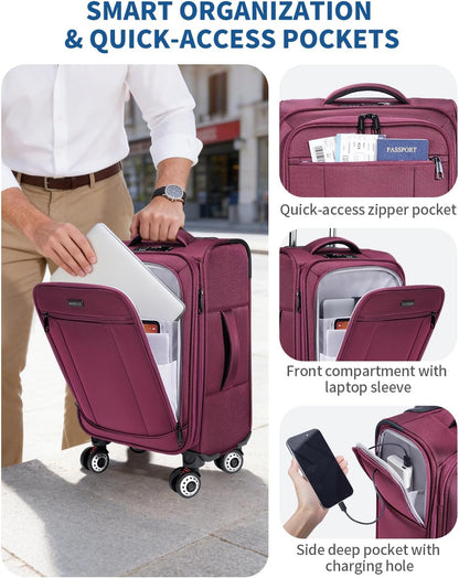 Carry On Luggage Airline Approved, 21 Inch Height Softside Carry On Suitcase with Spring Shock-Absorbing Spinner Wheels, Lightweight Travel Luggage with TSA Lock, Fits 22x14x9 Carry-On Bag
