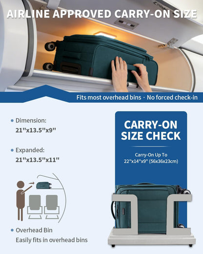 Carry On Luggage Airline Approved, 21 Inch Height Softside Carry On Suitcase with Spring Shock-Absorbing Spinner Wheels, Lightweight Travel Luggage with TSA Lock, Fits 22x14x9 Carry-On Bag