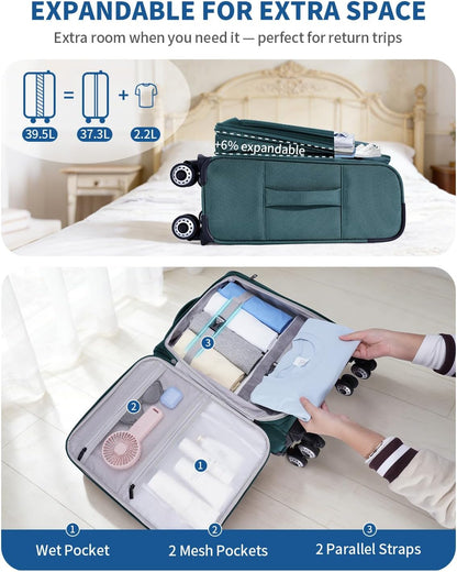 Carry On Luggage Airline Approved, 21 Inch Height Softside Carry On Suitcase with Spring Shock-Absorbing Spinner Wheels, Lightweight Travel Luggage with TSA Lock, Fits 22x14x9 Carry-On Bag