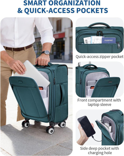 Carry On Luggage Airline Approved, 21 Inch Height Softside Carry On Suitcase with Spring Shock-Absorbing Spinner Wheels, Lightweight Travel Luggage with TSA Lock, Fits 22x14x9 Carry-On Bag