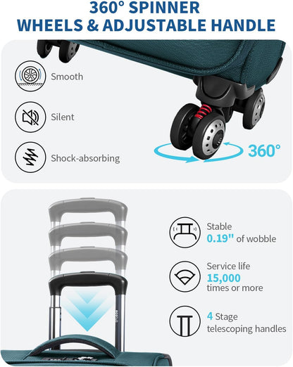Carry On Luggage Airline Approved, 21 Inch Height Softside Carry On Suitcase with Spring Shock-Absorbing Spinner Wheels, Lightweight Travel Luggage with TSA Lock, Fits 22x14x9 Carry-On Bag