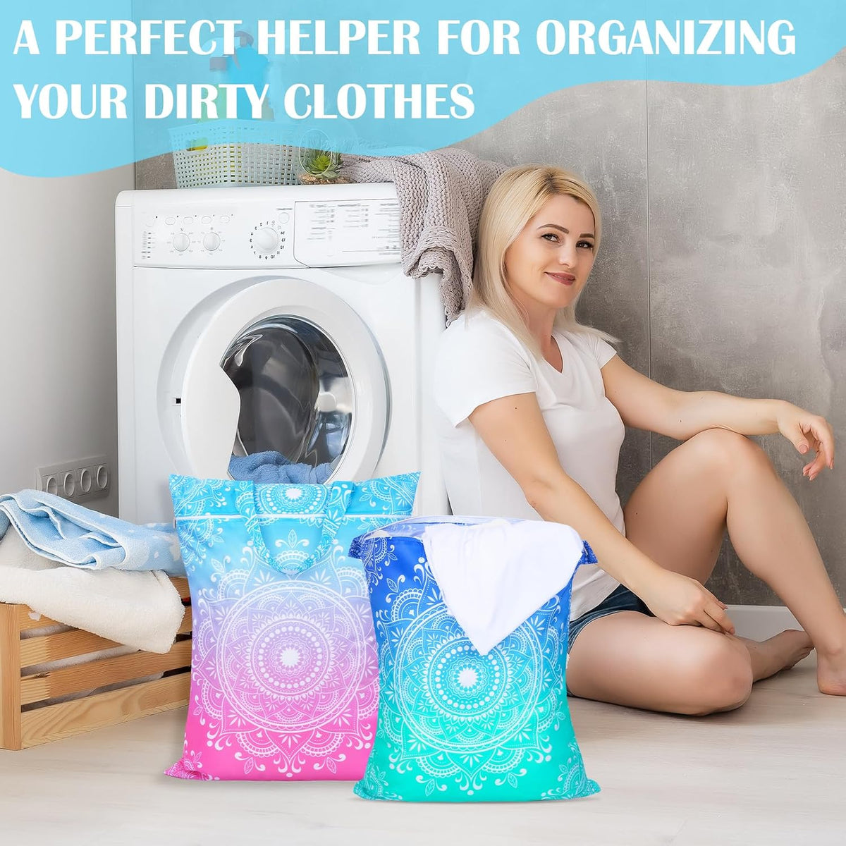 2 Pcs Large Travel Laundry Bags - Waterproof with Handle, Washable Dirty Clothes Bags for Travel, Wet/Dry Bag for Gym, Swimming Pool, College Dorm