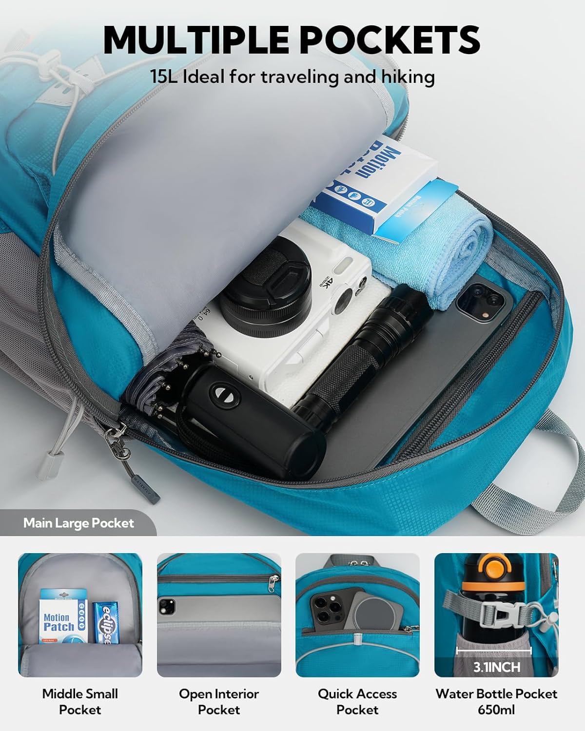 Small Lightweight Packable Backpack, Mini Foldable Travel Daypack | 15L, Ultra Light, Breathable Shoulder Strap, Outdoor Hiking Day Pack for Women Men, Multiple Pockets, Everyday Carry, Blue