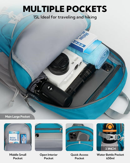 Small Lightweight Packable Backpack, Mini Foldable Travel Daypack | 15L, Ultra Light, Breathable Shoulder Strap, Outdoor Hiking Day Pack for Women Men, Multiple Pockets, Everyday Carry, Blue