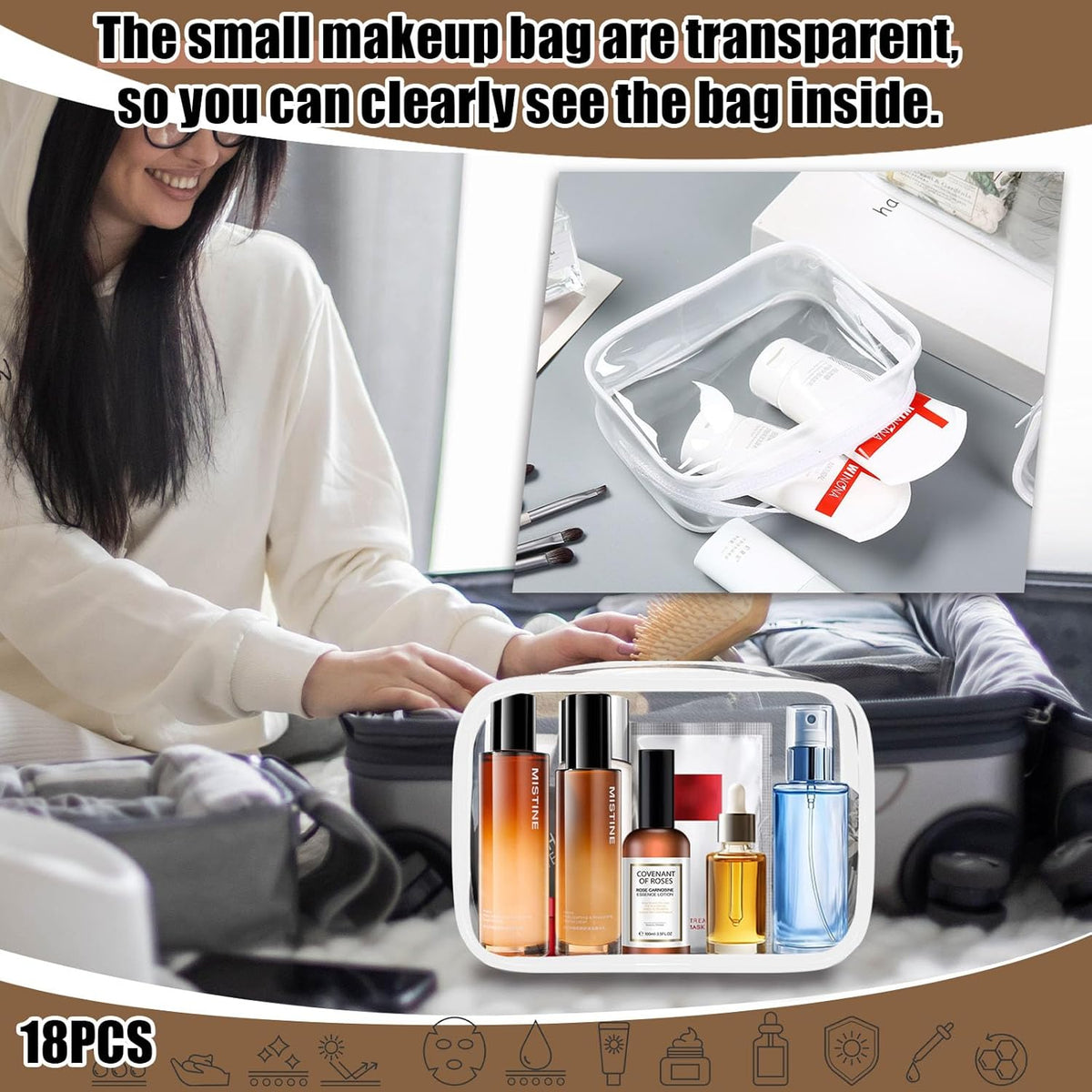18 Pieces Clear Cosmetics Bag, TSA Approved Toiletry Bag for Travel, Clear Zippered Makeup Pouch, Waterproof Vinyl Plastic Organizer Case for Vacation Bathroom (White Small)