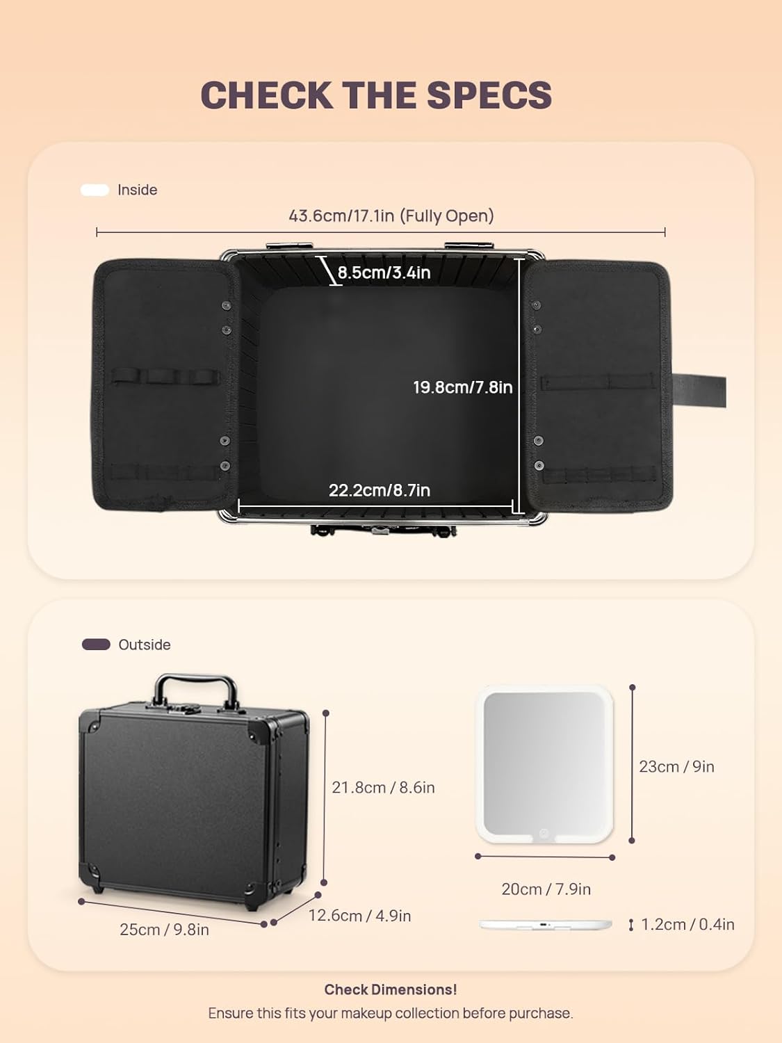 Makeup Box with A Detachable Lighted Mirror, Waterproof Travel Train Case, Cosmetic Organizer and Makeup Suitcase with Adjustable Dividers, Magnetic LED Mirror(Icy Pink)
