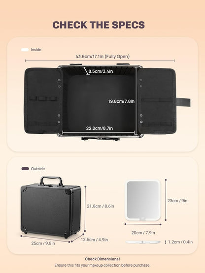 Makeup Box with A Detachable Lighted Mirror, Waterproof Travel Train Case, Cosmetic Organizer and Makeup Suitcase with Adjustable Dividers, Magnetic LED Mirror(Icy Pink)