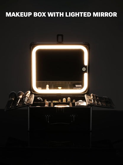 Makeup Box with A Detachable Lighted Mirror, Waterproof Travel Train Case, Cosmetic Organizer and Makeup Suitcase with Adjustable Dividers, Magnetic LED Mirror(Icy Pink)