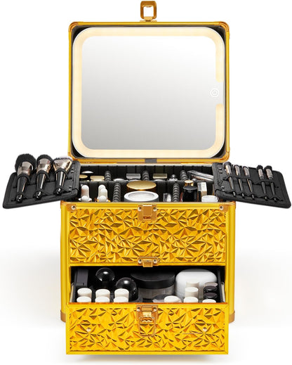 Makeup Box with A Detachable Lighted Mirror, Waterproof Travel Train Case, Cosmetic Organizer and Makeup Suitcase with Adjustable Dividers, Magnetic LED Mirror(Icy Pink)
