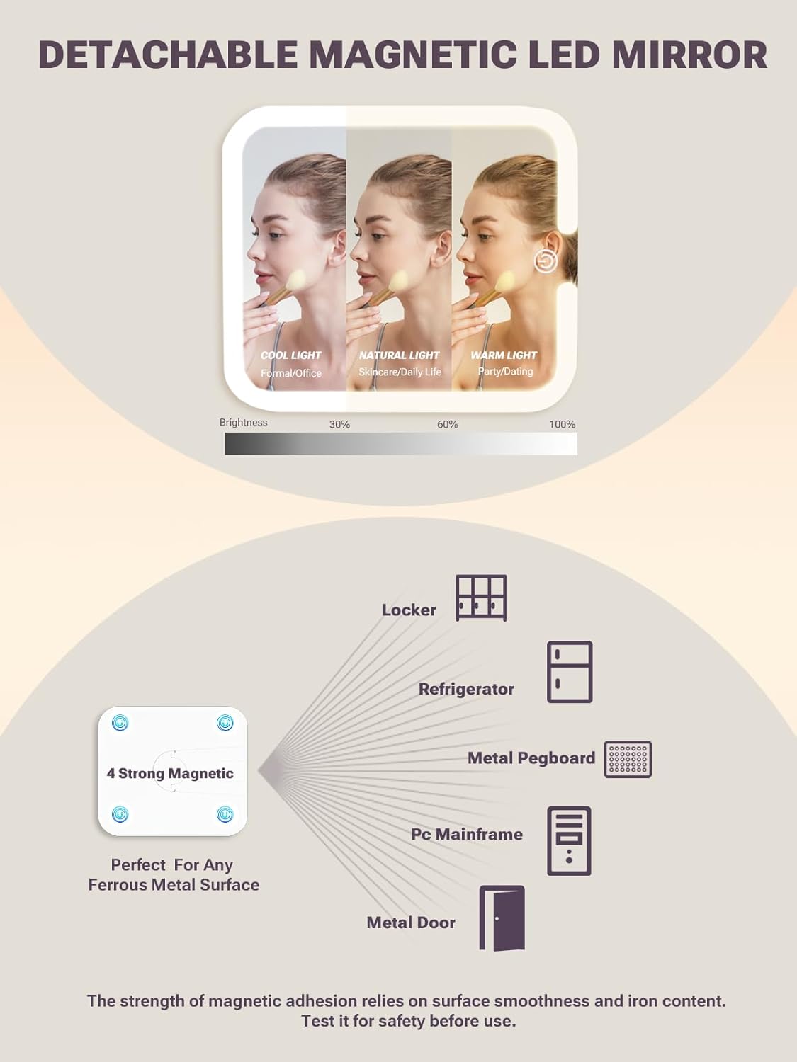Makeup Box with A Detachable Lighted Mirror, Waterproof Travel Train Case, Cosmetic Organizer and Makeup Suitcase with Adjustable Dividers, Magnetic LED Mirror(Icy Pink)