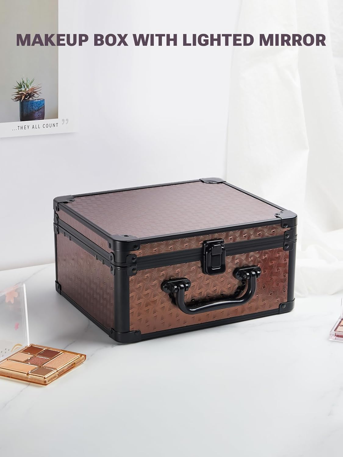 Makeup Box with A Detachable Lighted Mirror, Waterproof Travel Train Case, Cosmetic Organizer and Makeup Suitcase with Adjustable Dividers, Magnetic LED Mirror(Icy Pink)