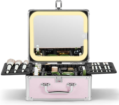 Makeup Box with A Detachable Lighted Mirror, Waterproof Travel Train Case, Cosmetic Organizer and Makeup Suitcase with Adjustable Dividers, Magnetic LED Mirror(Icy Pink)