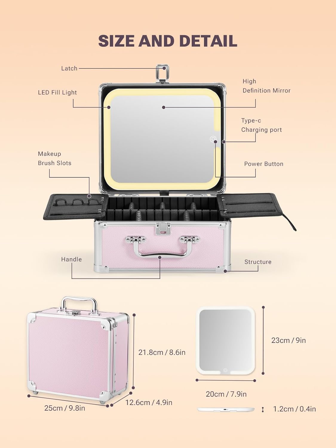 Makeup Box with A Detachable Lighted Mirror, Waterproof Travel Train Case, Cosmetic Organizer and Makeup Suitcase with Adjustable Dividers, Magnetic LED Mirror(Icy Pink)