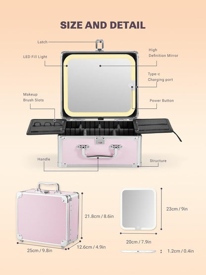 Makeup Box with A Detachable Lighted Mirror, Waterproof Travel Train Case, Cosmetic Organizer and Makeup Suitcase with Adjustable Dividers, Magnetic LED Mirror(Icy Pink)