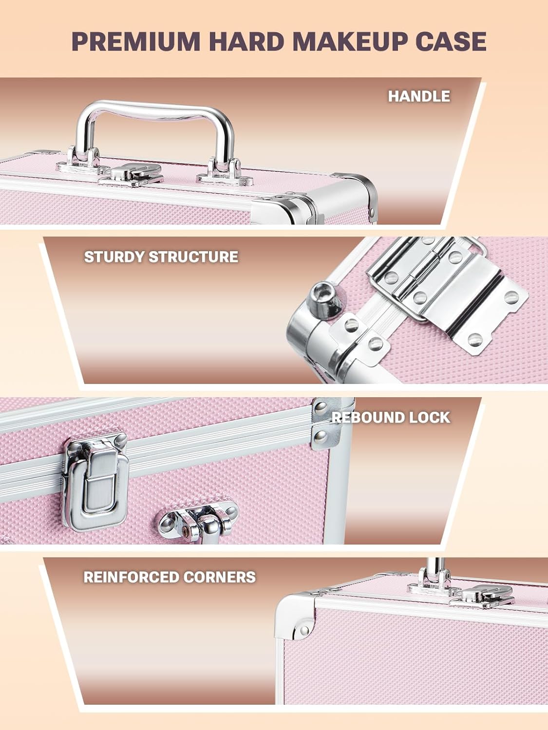 Makeup Box with A Detachable Lighted Mirror, Waterproof Travel Train Case, Cosmetic Organizer and Makeup Suitcase with Adjustable Dividers, Magnetic LED Mirror(Icy Pink)