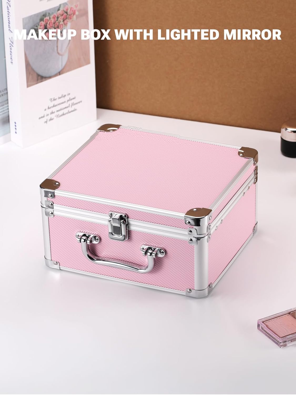 Makeup Box with A Detachable Lighted Mirror, Waterproof Travel Train Case, Cosmetic Organizer and Makeup Suitcase with Adjustable Dividers, Magnetic LED Mirror(Icy Pink)