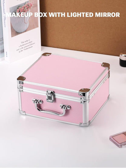 Makeup Box with A Detachable Lighted Mirror, Waterproof Travel Train Case, Cosmetic Organizer and Makeup Suitcase with Adjustable Dividers, Magnetic LED Mirror(Icy Pink)