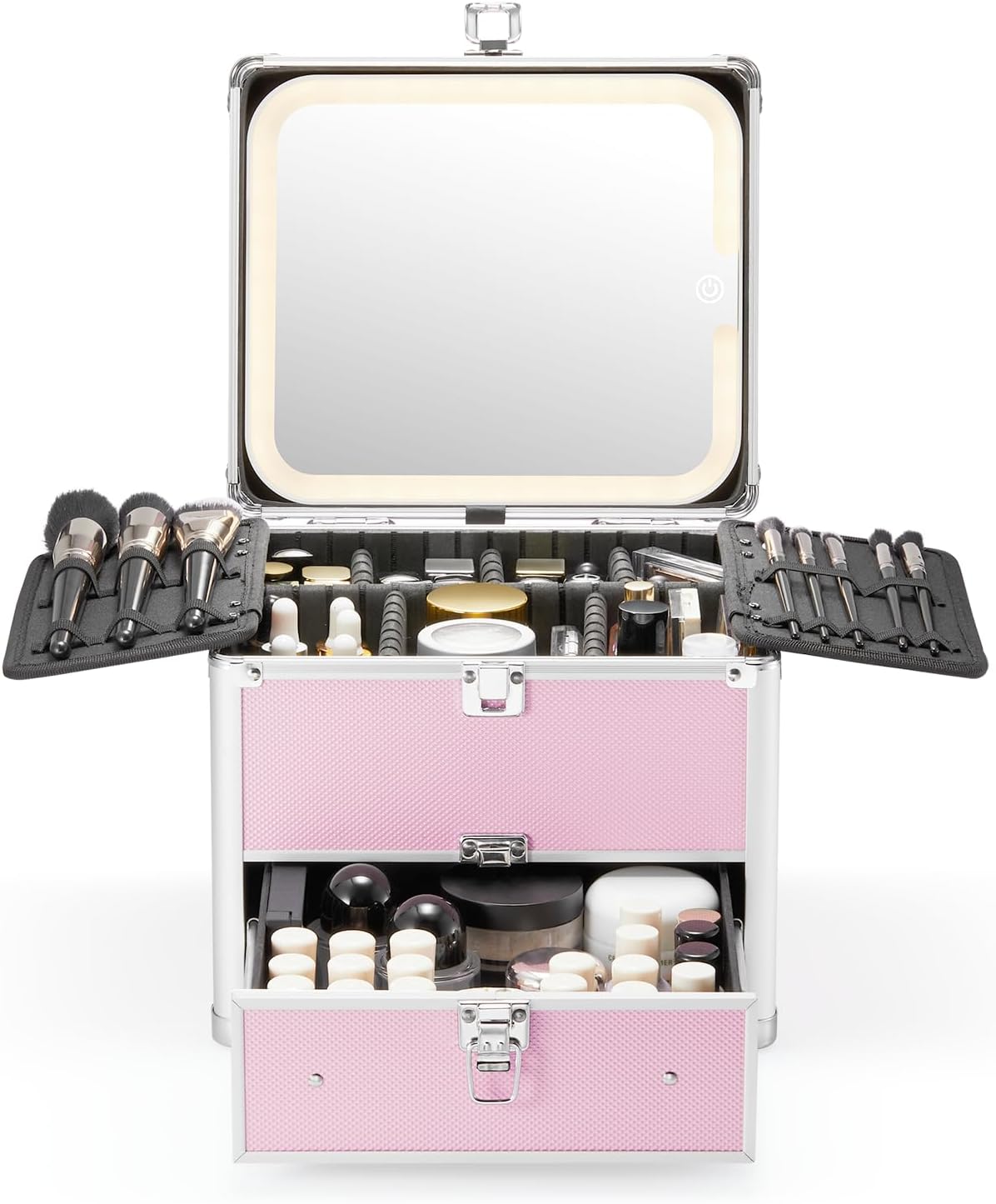 Makeup Box with A Detachable Lighted Mirror, Waterproof Travel Train Case, Cosmetic Organizer and Makeup Suitcase with Adjustable Dividers, Magnetic LED Mirror(Icy Pink)